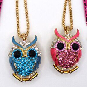 Pink and Blue Jeweled Enamel Owl Pendant Necklaces